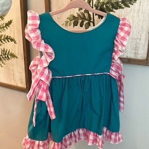 Teal Pink Checkered Tie Blouse